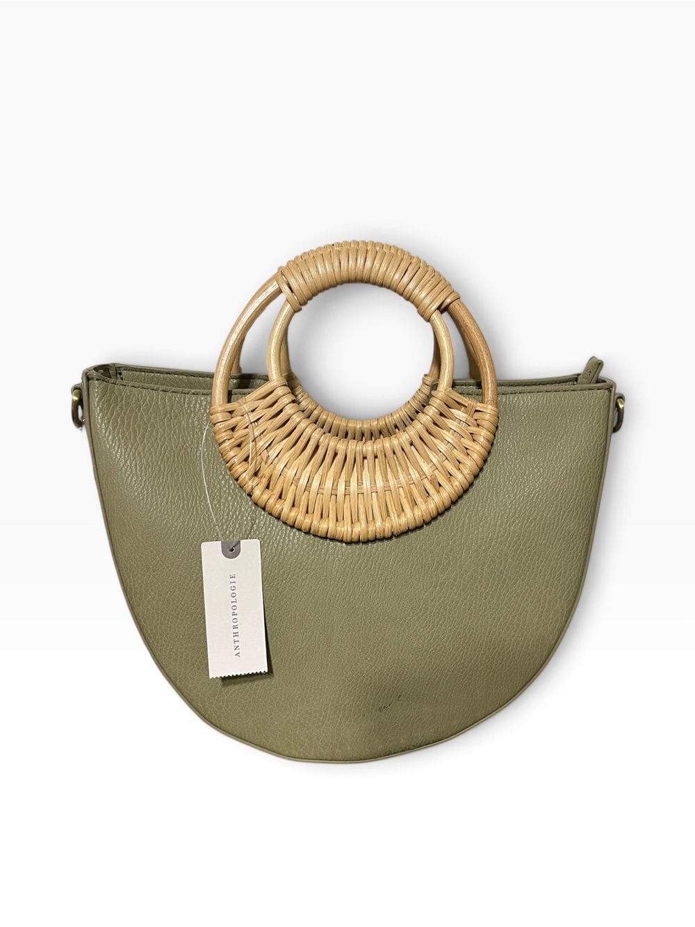 Anthropologie Half Moon Bag with Woven Rattan Circle Handle Sage/Olive Green